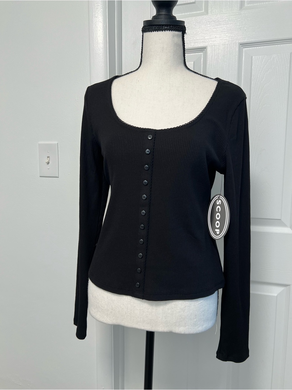 Scoop Black Ribbed Button-Front Long Sleeve Tee